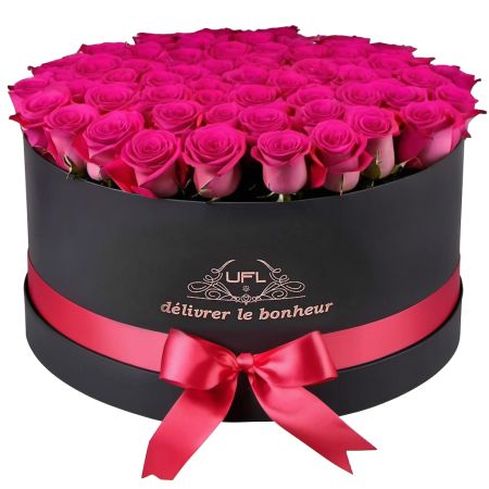 pink rose (101 pcs.), round box, oasis, packaging, ribbon