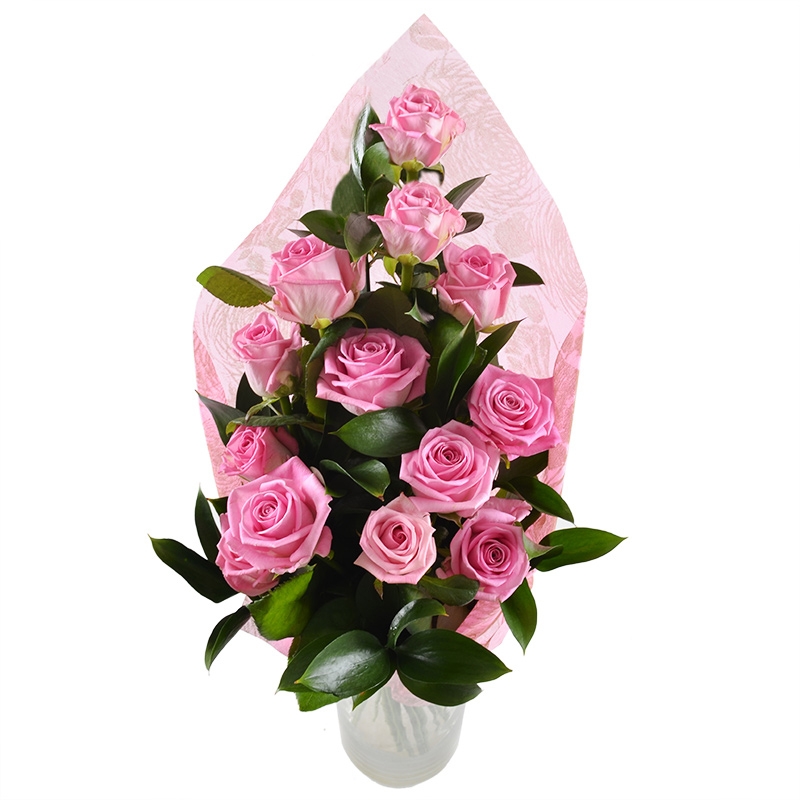 pink rose (13 pcs.), ruscus, packaging, ribbon